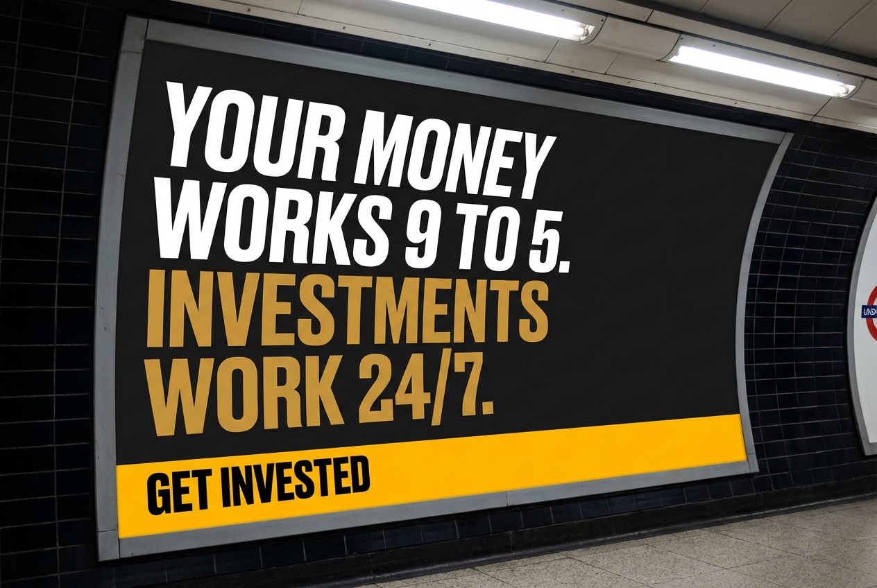 Get Invested poster — Your money works 9 to 5, investments work 24/7